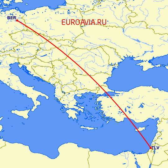 перелет Берлин — Тель Авив на карте