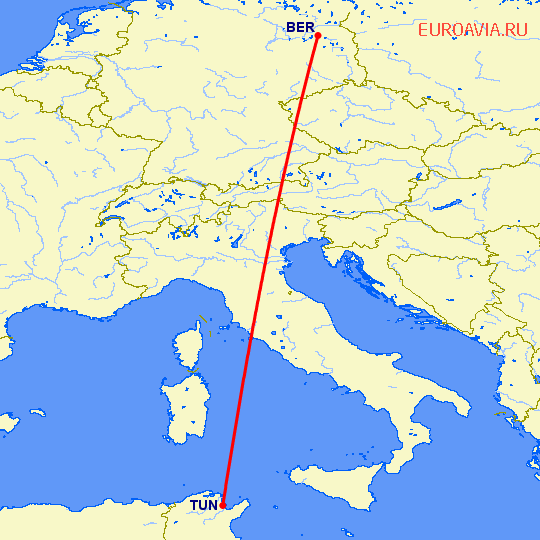 перелет Берлин — Тунис на карте