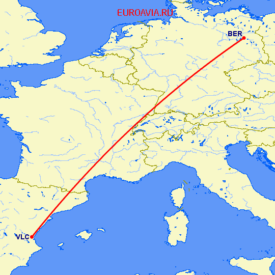 перелет Берлин — Валенсия на карте