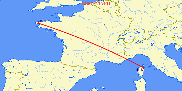 перелет Брест — Бастия на карте