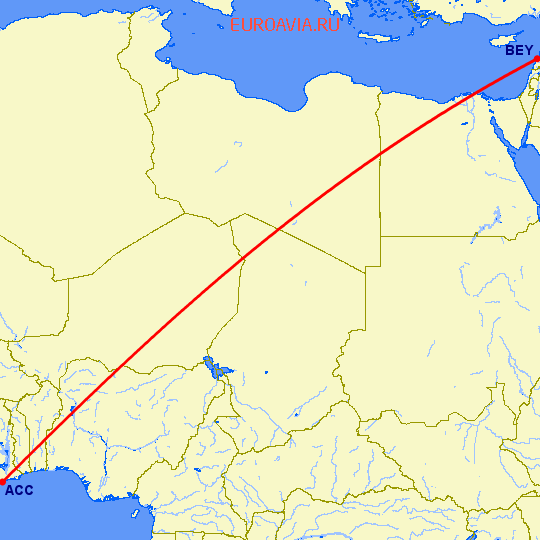 перелет Бейрут — Аккра на карте