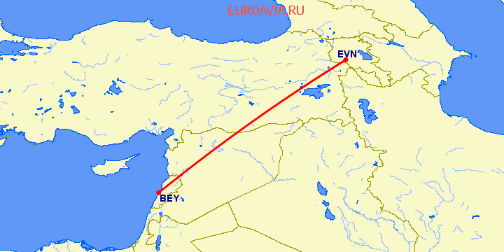 перелет Бейрут — Ереван на карте