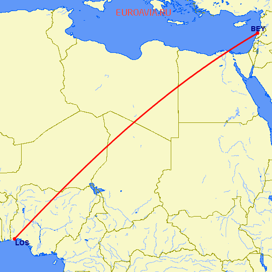 перелет Бейрут — Лагос на карте