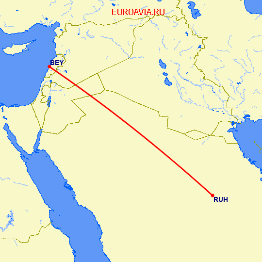 перелет Бейрут — Эр Рияд на карте