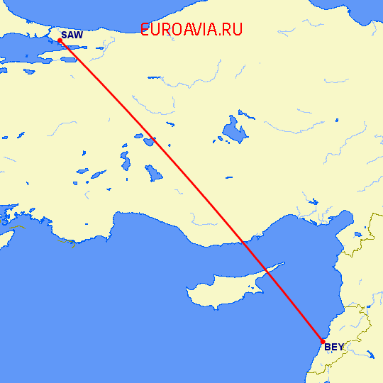 перелет Бейрут — Стамбул на карте