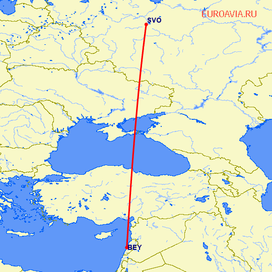 перелет Бейрут — Москва на карте