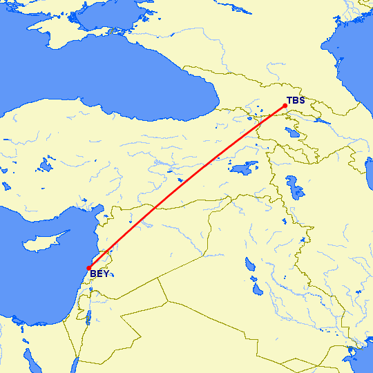 перелет Бейрут — Тбилиси на карте