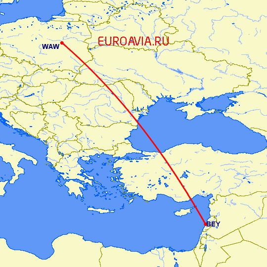 перелет Бейрут — Варшава на карте