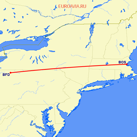 перелет Брэдфорд — Бостон на карте