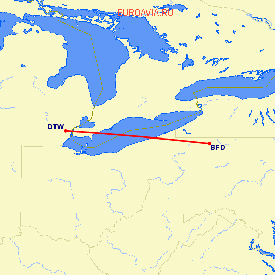 перелет Брэдфорд — Детройт на карте