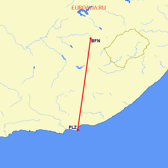 перелет Блумфонтейн — Порт Элизабет на карте