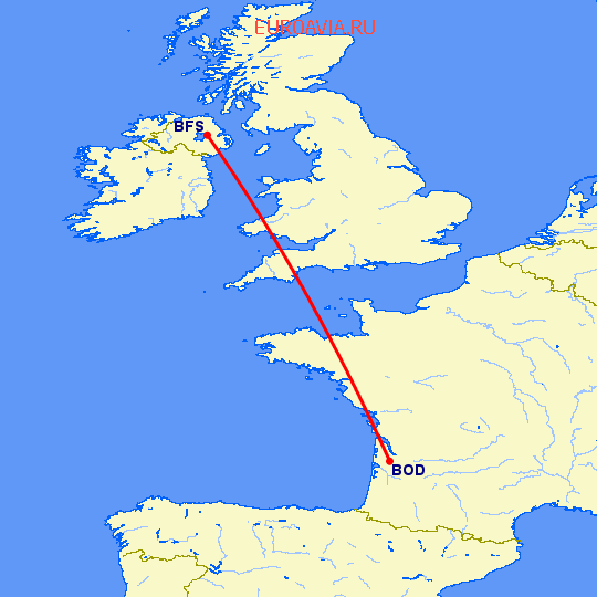 перелет Белфаст — Бордо на карте