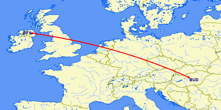 перелет Белфаст — Будапешт на карте