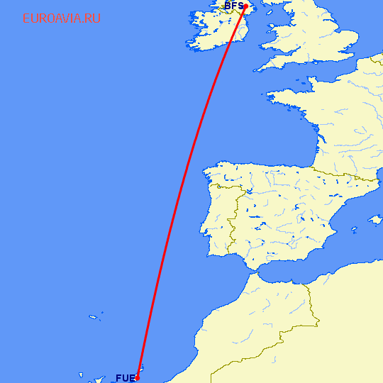 перелет Белфаст — Пуэрто дель Росарио на карте