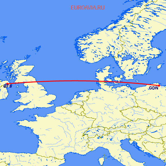перелет Белфаст — Гданьск на карте