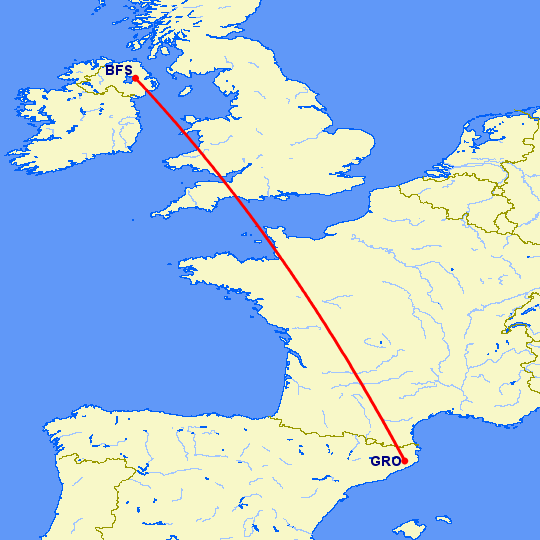 перелет Белфаст — Жирона на карте