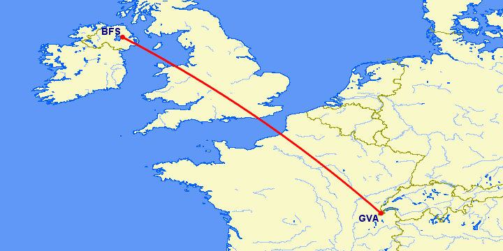 перелет Белфаст — Женева на карте
