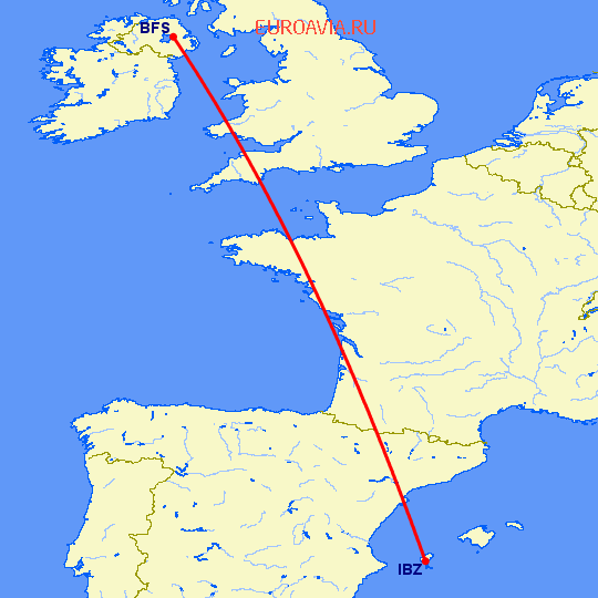 перелет Белфаст — Ибица на карте