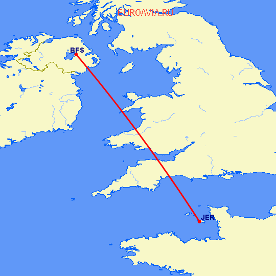 перелет Белфаст — Джерси на карте