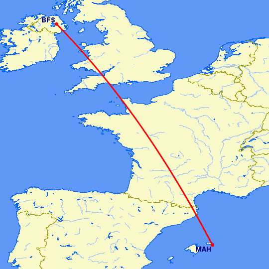 перелет Белфаст — Менорка на карте
