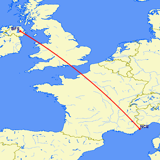 перелет Белфаст — Ницца на карте