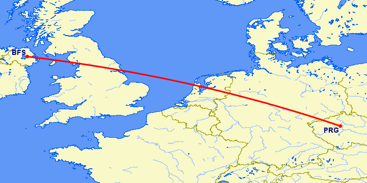 перелет Белфаст — Прага на карте