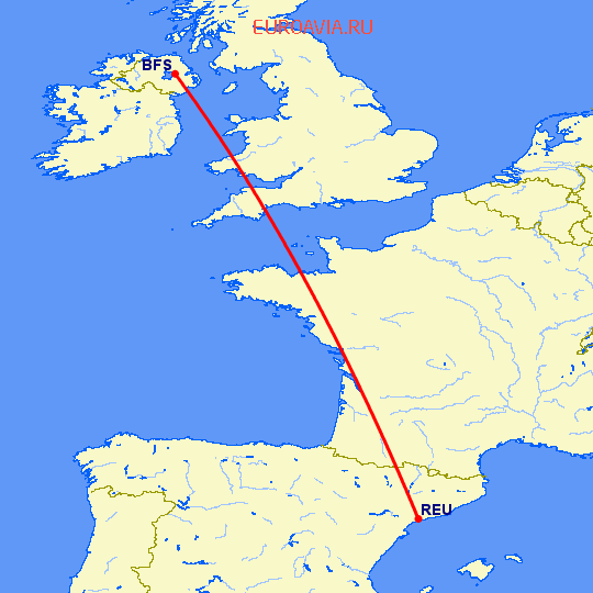 перелет Белфаст — Реус на карте