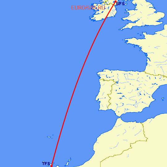 перелет Белфаст — Тенерифе на карте