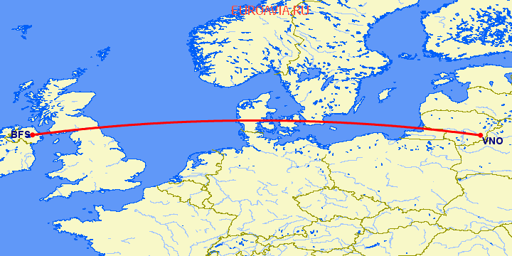 перелет Белфаст — Вильнюс на карте