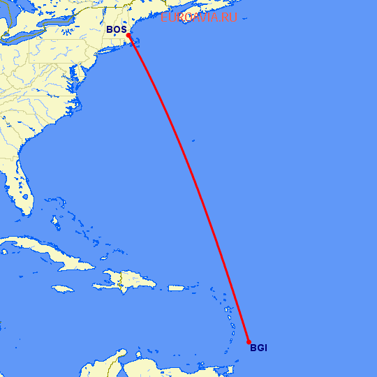 перелет Бриджтаун — Бостон на карте