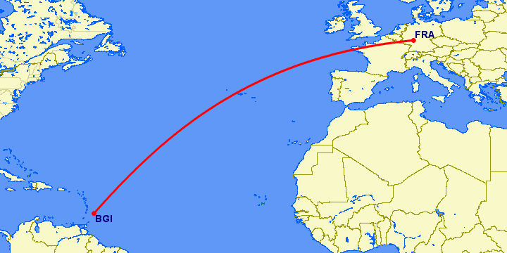 перелет Бриджтаун — Франкфурт на Майне на карте