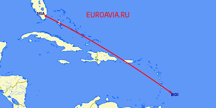 перелет Бриджтаун — Майами на карте
