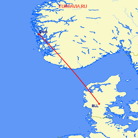 перелет Берген — Биллунд на карте