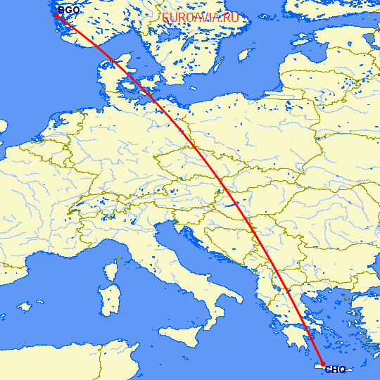 перелет Берген — Chania на карте