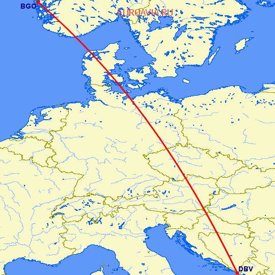 перелет Берген — Дубровник на карте