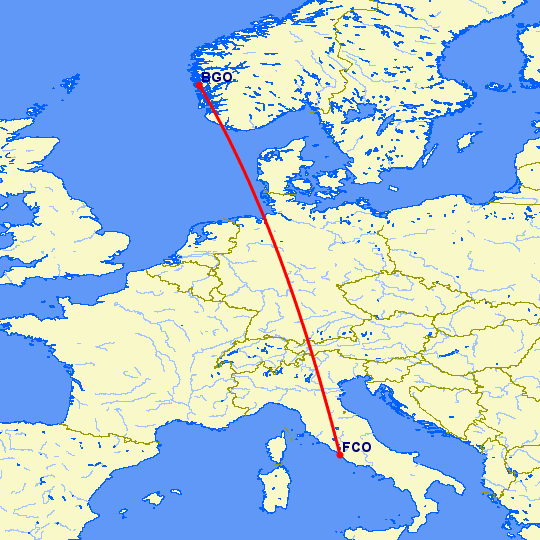 перелет Берген — Рим на карте