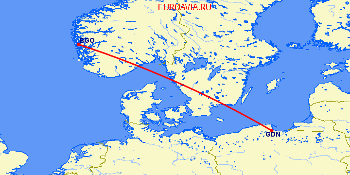 перелет Берген — Гданьск на карте