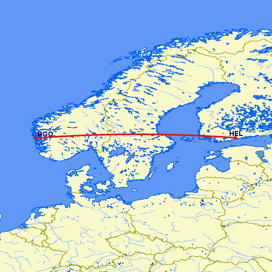 перелет Берген — Хельсинки на карте