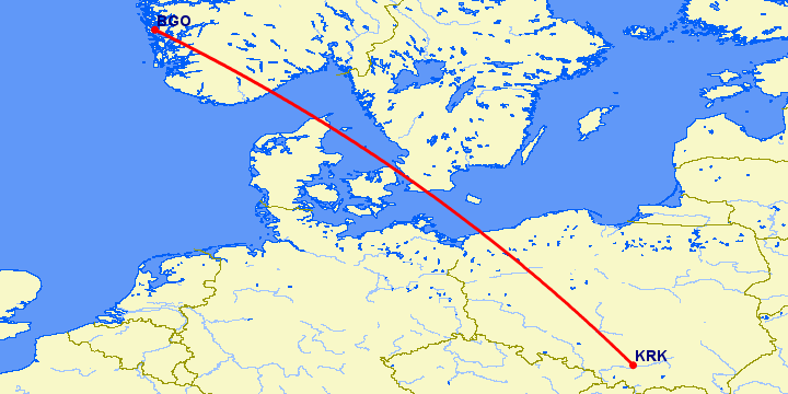 перелет Берген — Краков на карте