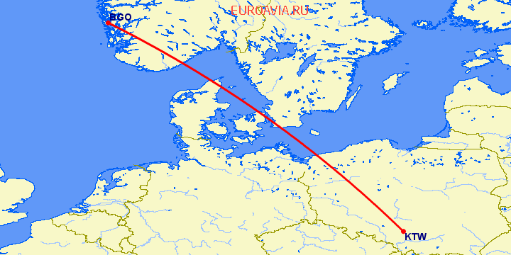 перелет Берген — Катовице на карте