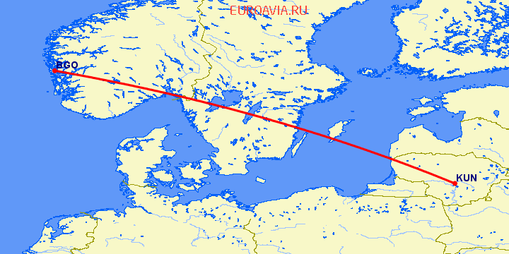 перелет Берген — Каунас на карте