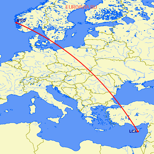 перелет Берген — Ларнака на карте