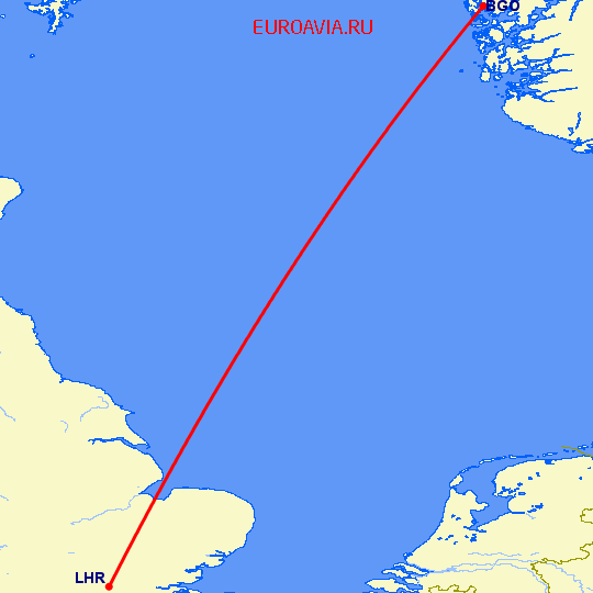 перелет Берген — Лондон на карте