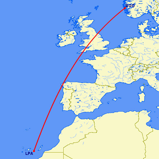 перелет Берген — Лас Пальмас на карте