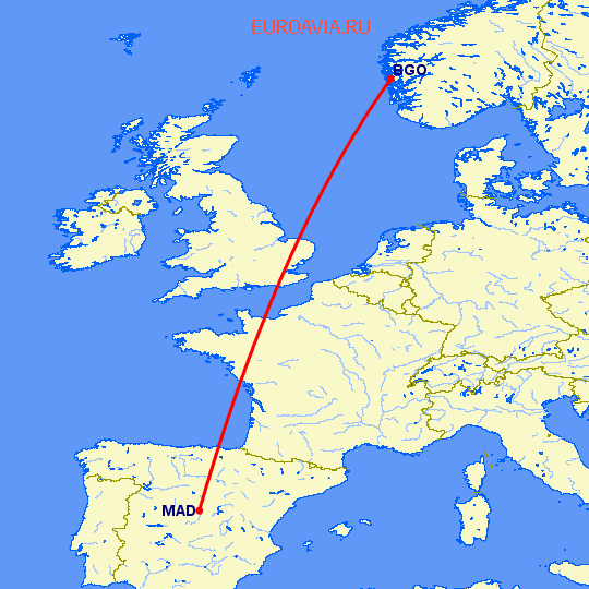 перелет Берген — Мадрид на карте