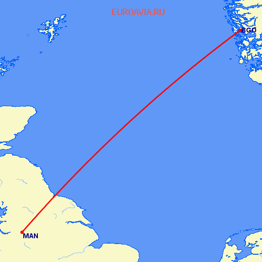 перелет Берген — Манчестер на карте