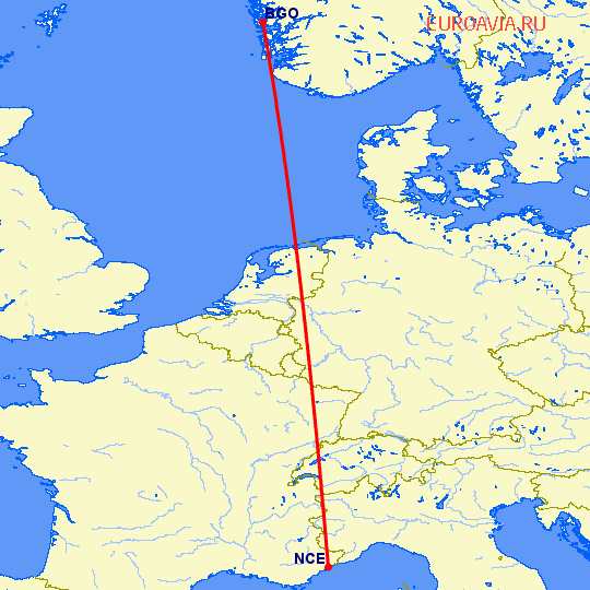 перелет Берген — Ницца на карте