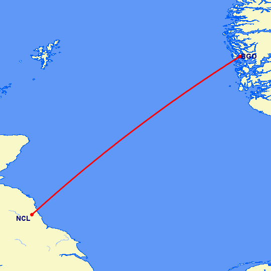 перелет Берген — Ньюкасл на карте