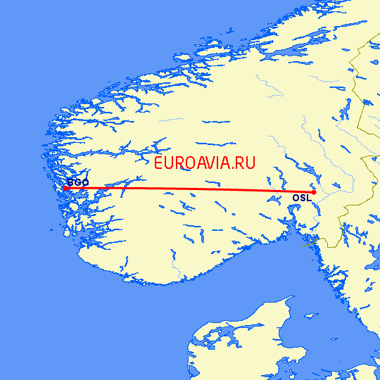 перелет Берген — Осло на карте