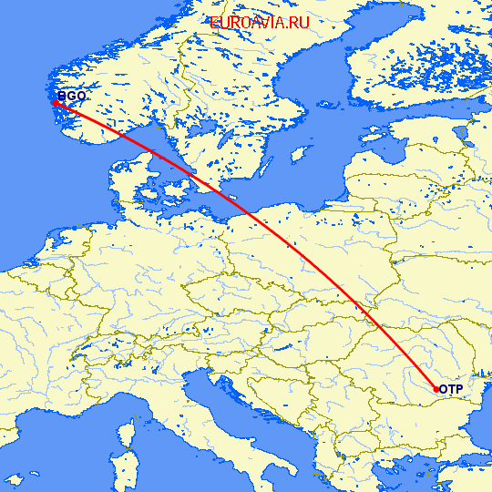 перелет Берген — Бухарест на карте